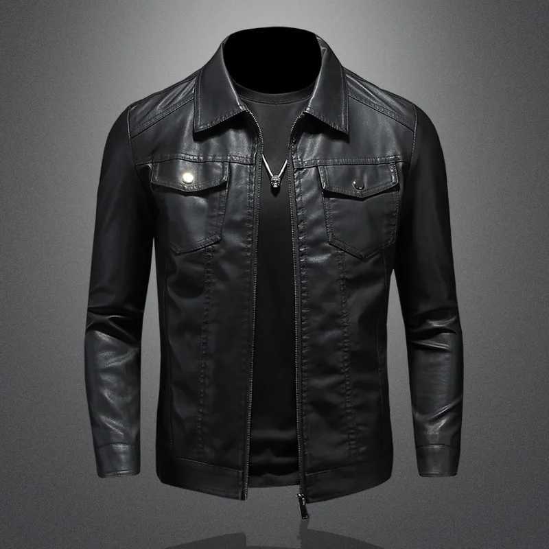 Mens Lapel Leather Jacket Autumn Oversized Slim Motorcycle Riding Suit Winter Thickened PU Leather Waterproof Work Clothes J251103
