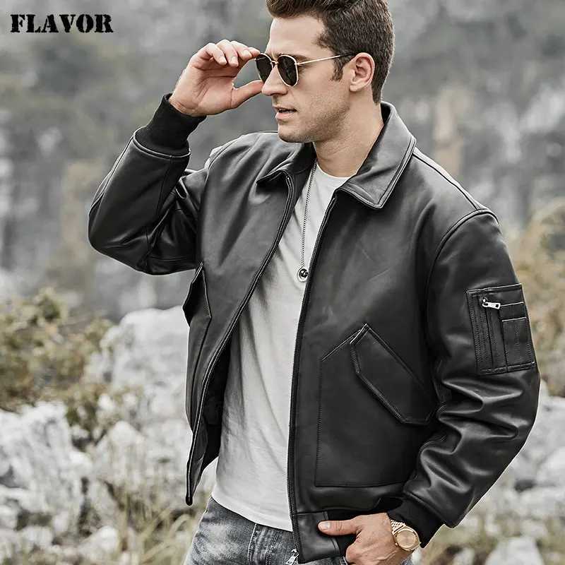 FLAVOR Mens Real Leather Jacket Bomber Lambskin Winter Warm Air Force Leather Coat J251014