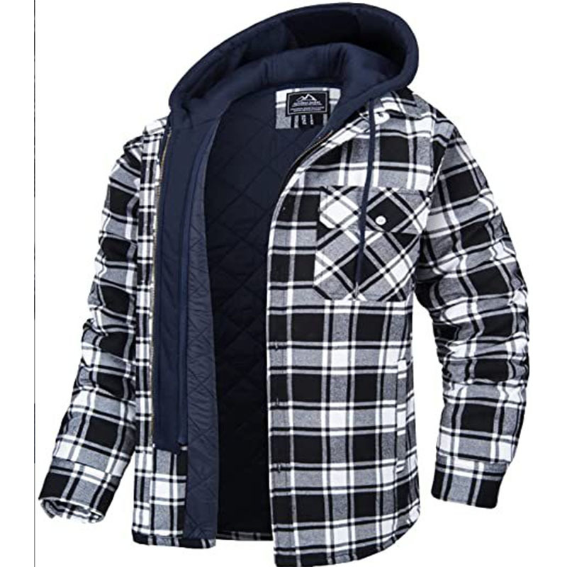 Thick cotton padded plaid long sleeved loose hooded jacket retro British pilot jacket classic plus size loose American lapel woolen tie jacket loose j