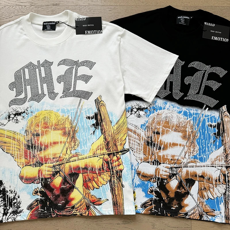 Allmatch MIXED EMOTION Short Sleeve Tshirt American Streetwear Fashion Couple Angel Print Diamond Top Tee Men Clothing 251013