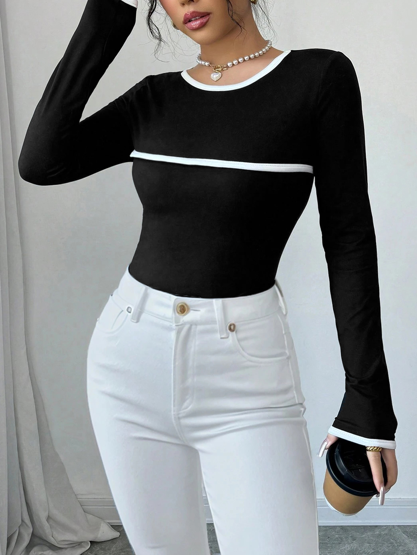 Women's Autumn French Elegant Black & White Contrast Long-Sleeve T-Shirt - Casual & Versatile Top-SZ25128