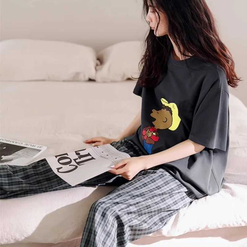 Womens Fall and Winter Pajamas ShortSleeved Pants Suit Sleepwear Homewear Letters Strawberry Plaid Pants Nightwear LoungewearT251014