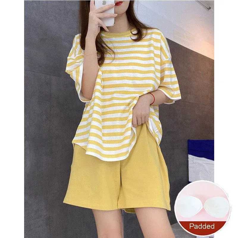Large Size with Cushion Pajamas Women Summer Loose Striped School Leisure Homewear TwoPiece Set Green Korean Fashion SleepwearT251014