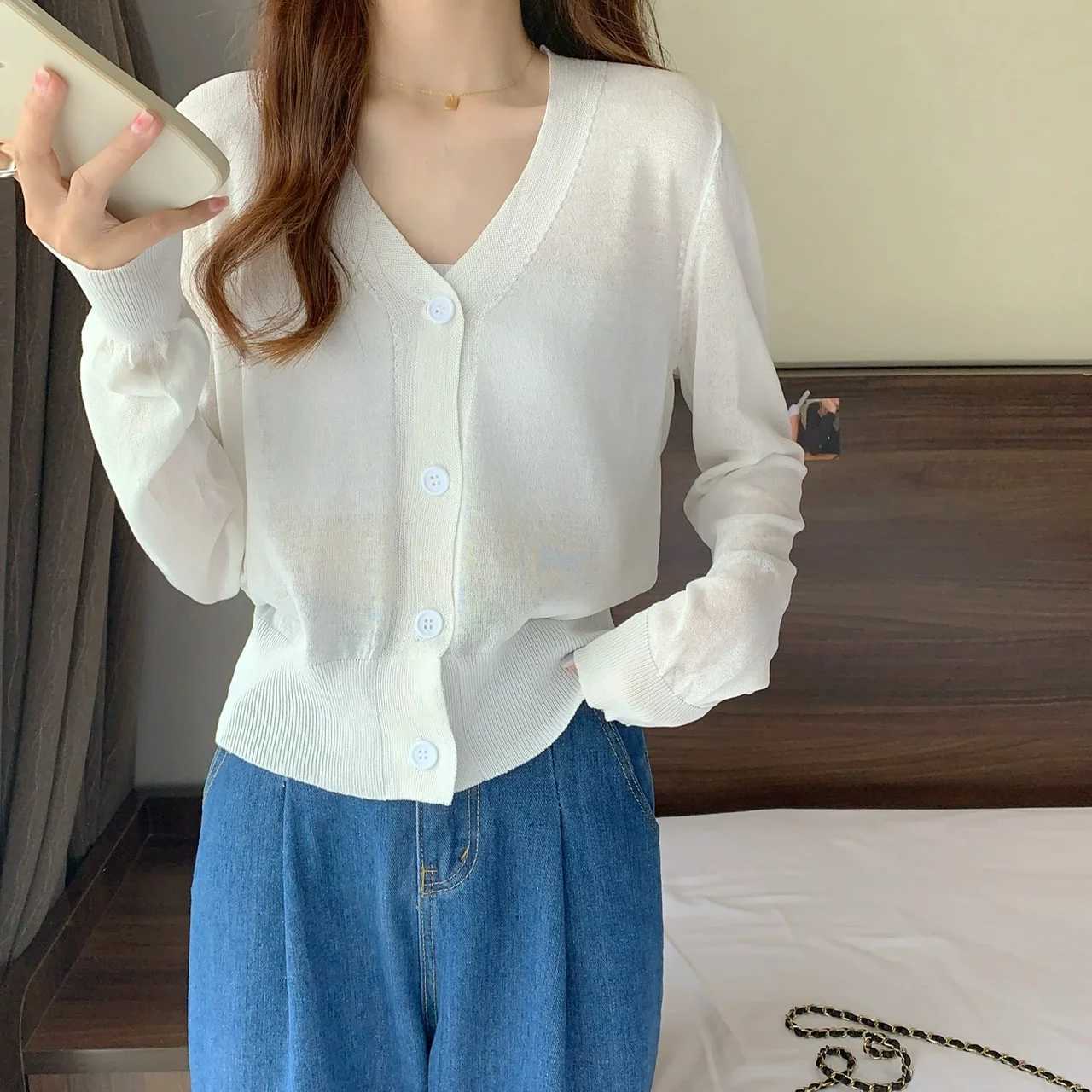 Summer V Ne Cardigan Women Casual Transparent Sweater Shirts Lady Simple in Solid Outwear Female Crop Top W251014