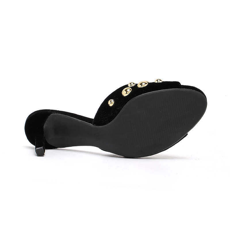 Women's Fashion Black Velvet Studded Stiletto Heel Mules - Elegant Round Toe Slip-On High Heels-6117
