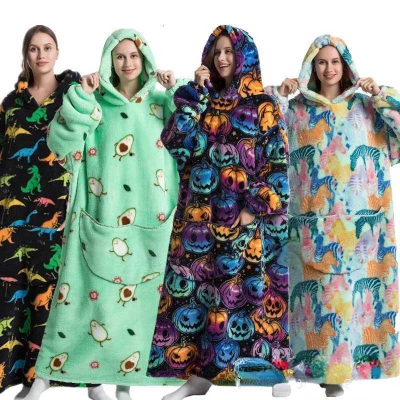 Super Long Oversized Winter Sherpa Blanket Plush Flannel Warm Family Matching Hoodie Halloween Homewear Avocado Women Sweatshirt Y251013