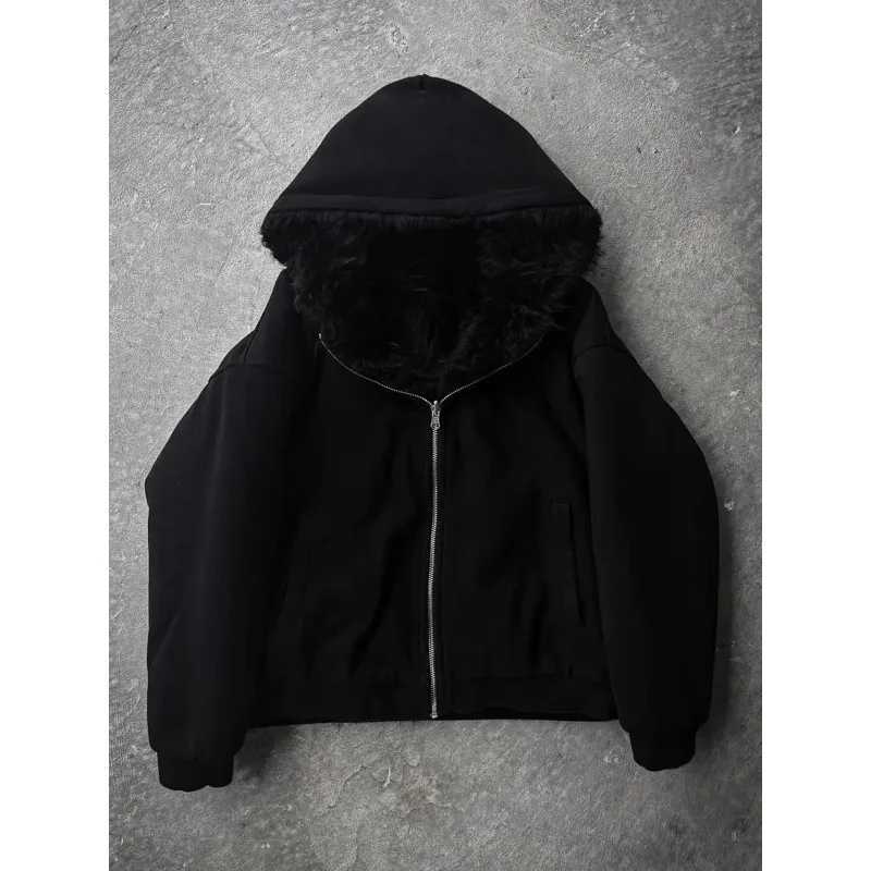 Autumn and Winter Oversized Thickened Warm Black Reversible Faux Fur Parka Coat Men with Hood Zipper Fluffy Jacket Hooded Coat W251014