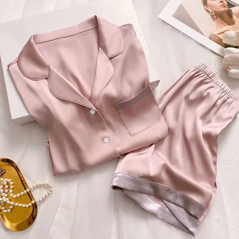 Womens Nightwear Plus Size Silk Pajamas Student Sweet Style Short Sleeve Sleepwear Loungewear Set Solid Color Cardigan ClothesT251014