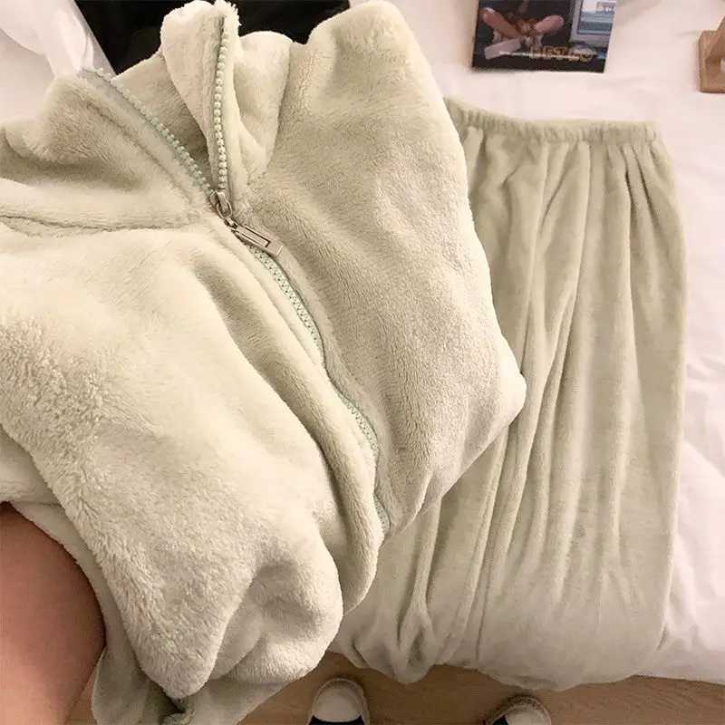 Fleece Sleepwear Women Zipper Pajama Sets Winter Piiama Warm Pants Sets 2 Pieces Solid Night Wears Long Sleeve Korean Home Suit Y251013