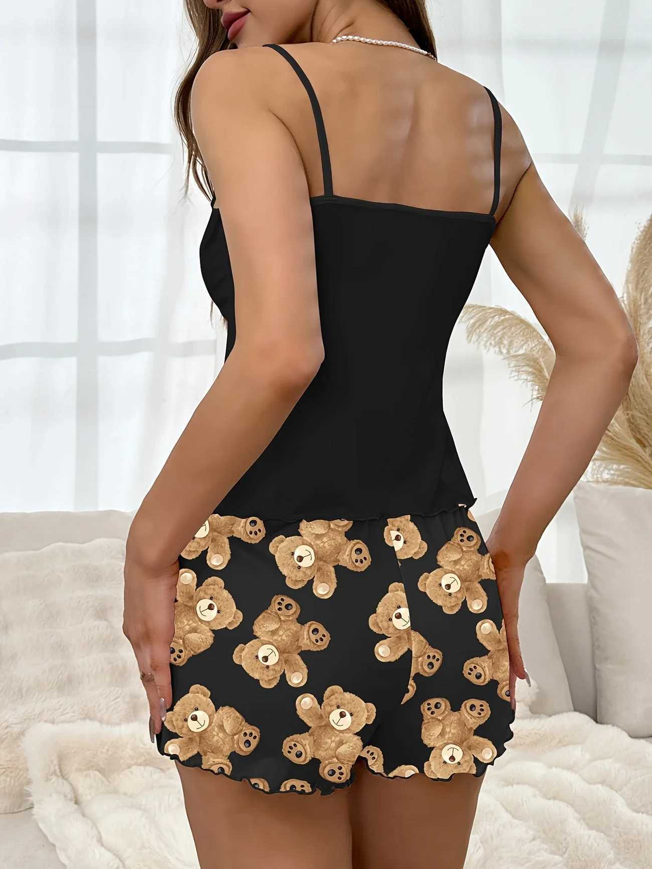 Summer Cute Black Bear Printed Sling Crop Tops and Shorts Pajamas Set for Womens Loungewear Sleepwear Home Wear ClothesT251014