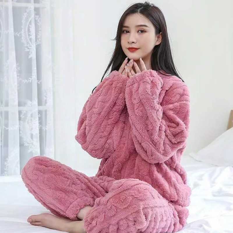 Autumn Women Solid Warm 2 Piece Sets Thicken Velvet Ribbed Fleece Set Pullover And Pants Women Casual Pajama Sets 2023T251014