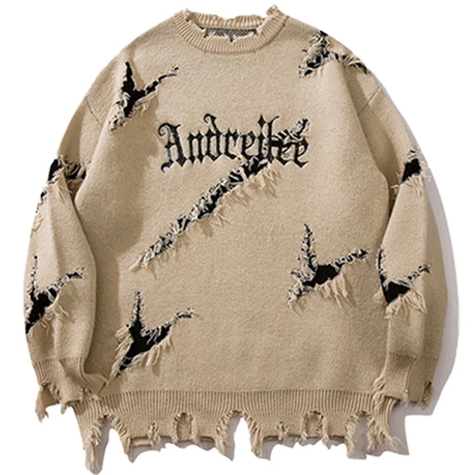 Vintage Ripped Sweaters Men Y2K Oversized Sweaters Knit Jumpers Streetwear Harajuku Hip Hop Sweaters Knitwear 251014