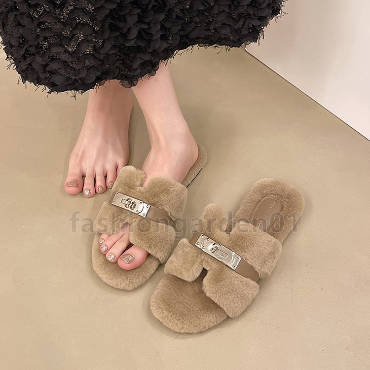 designer slides stylish flats slippers comfortable soft fluffy winter womens sandals chic buckle outdoor home shoes size 35-40