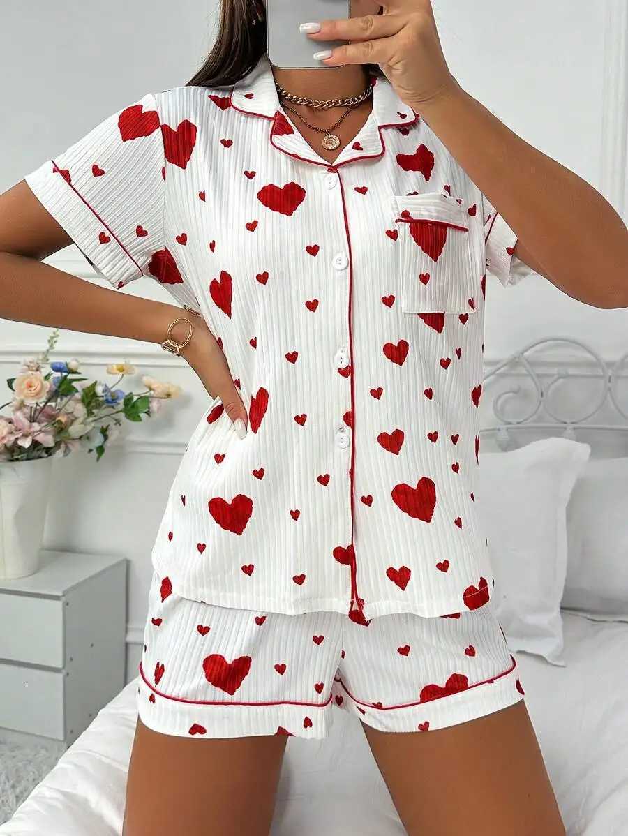 Heart Print Pajama Set Casual Short Sleeve Buttons Lapel Top Elastic Shorts Womens Sleepwear breathable soft Nightwear HomeweT251014