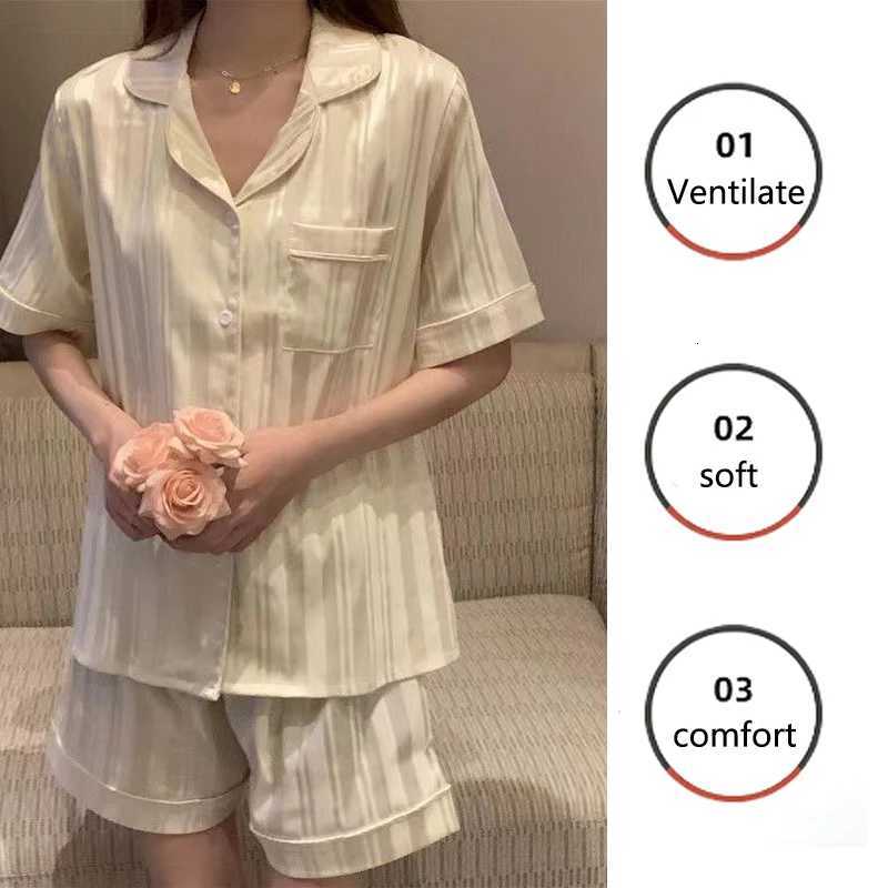 Ice Silk Pajamas Ladies Set of ShortSleeved Cardigan Lapel Home Wear Solid Striped Sexy Nightwear Women Sleepwear 2PCSSetT251014