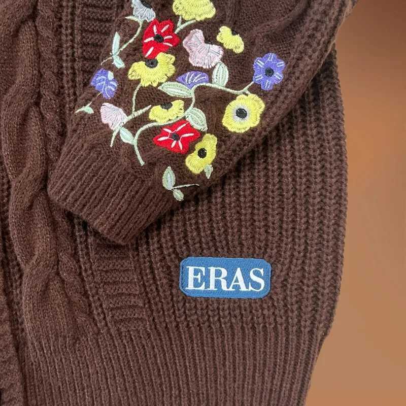 Fashion Eras Oversized Cardigan Women Vintage Dark Coee Flower Embroidery Sweater Y2k Vne Fall Winter Knitted Cardigan W251014