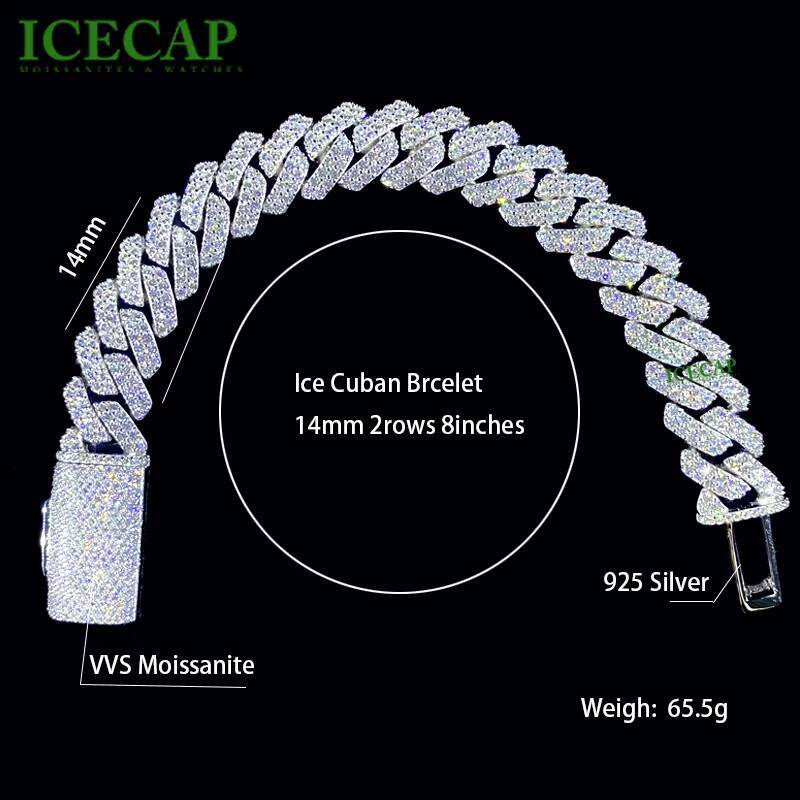 14mm Cuban Link Chain 925 Silver Ice VVS Moissabite Cuban Chain Bracelet Hiphop Men Women Diamond Wrist Bracelet
