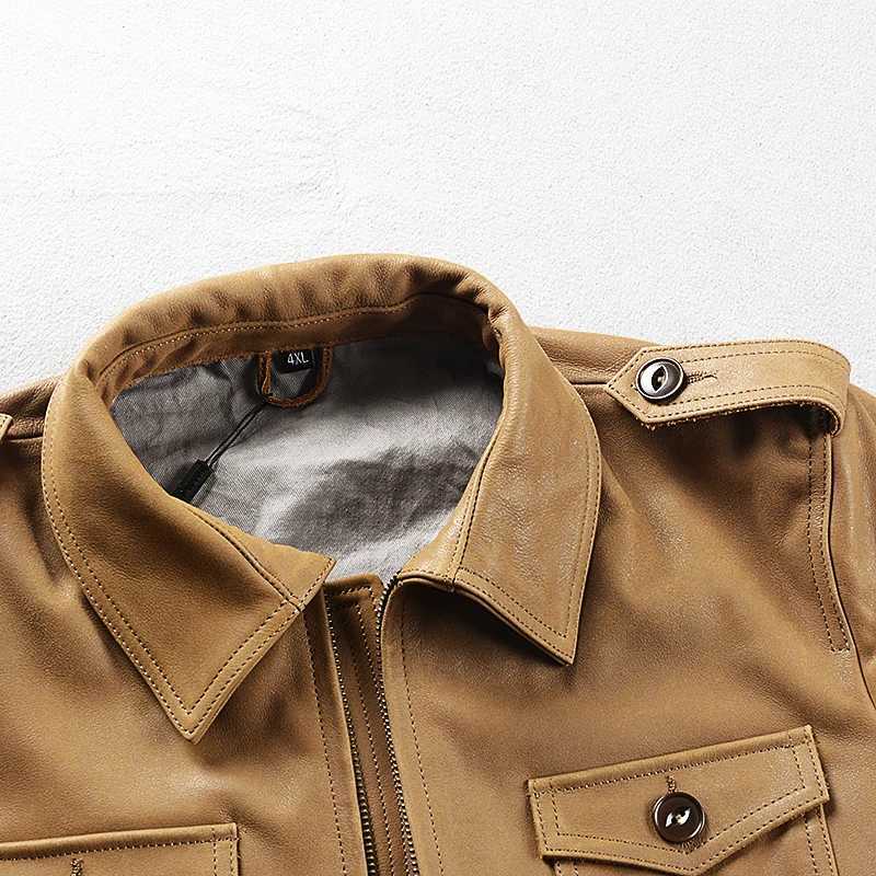 Khaki Autumn Leather Jacket Men Safari Style Plus Size 5XL Genuine Natural Cowhide Four Pockets M65 Leather Coat J251014