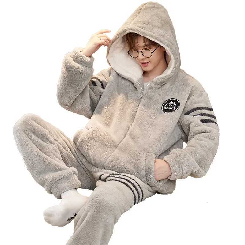 Mens Sleepwear Coral Fleece Winter Thickened Hooded Flannel Home Clothes Youth Autumn Winter Warm Cozy Pajamas Set Y251013
