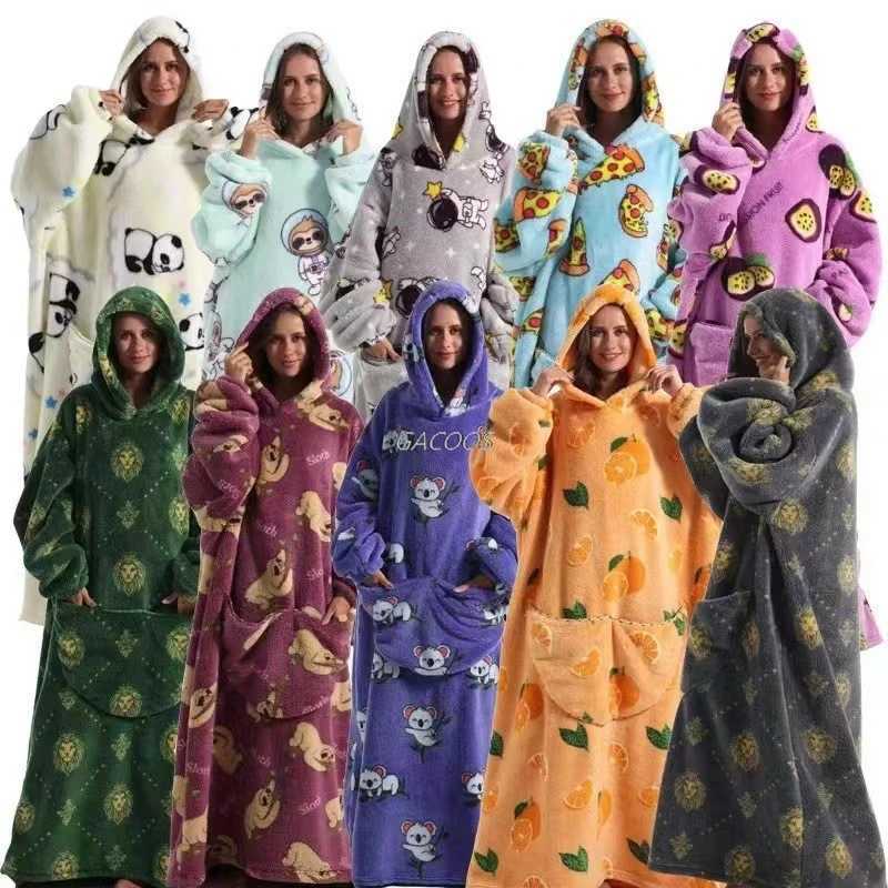 Women Men Plush Fleece Blanket Warm Thick Hoodies Adult Giant TV Blanlets with Sleeves Super Long Coldproof Couple Sweatshirts Y251013