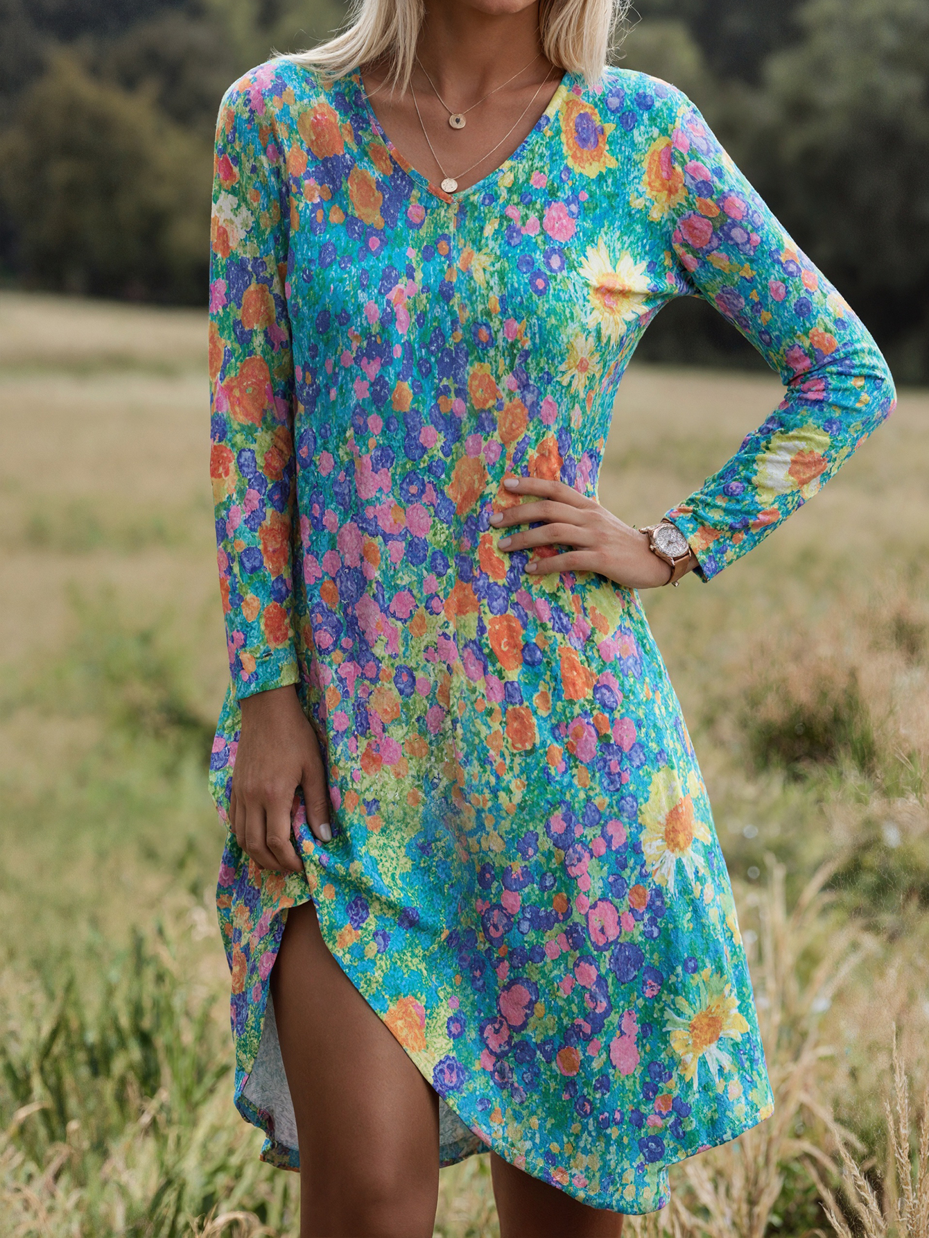 Women's Autumn New Casual Vacation Floral Printed Midi Dress-CF24923