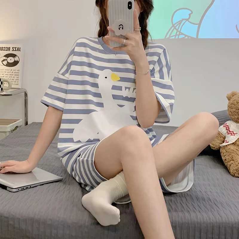 New Pajamas Female Summer ShortSleeved Shorts Suit Korean Version of the Student Sweet Cute Cartoon Ms Loose Homewear SuitT251014