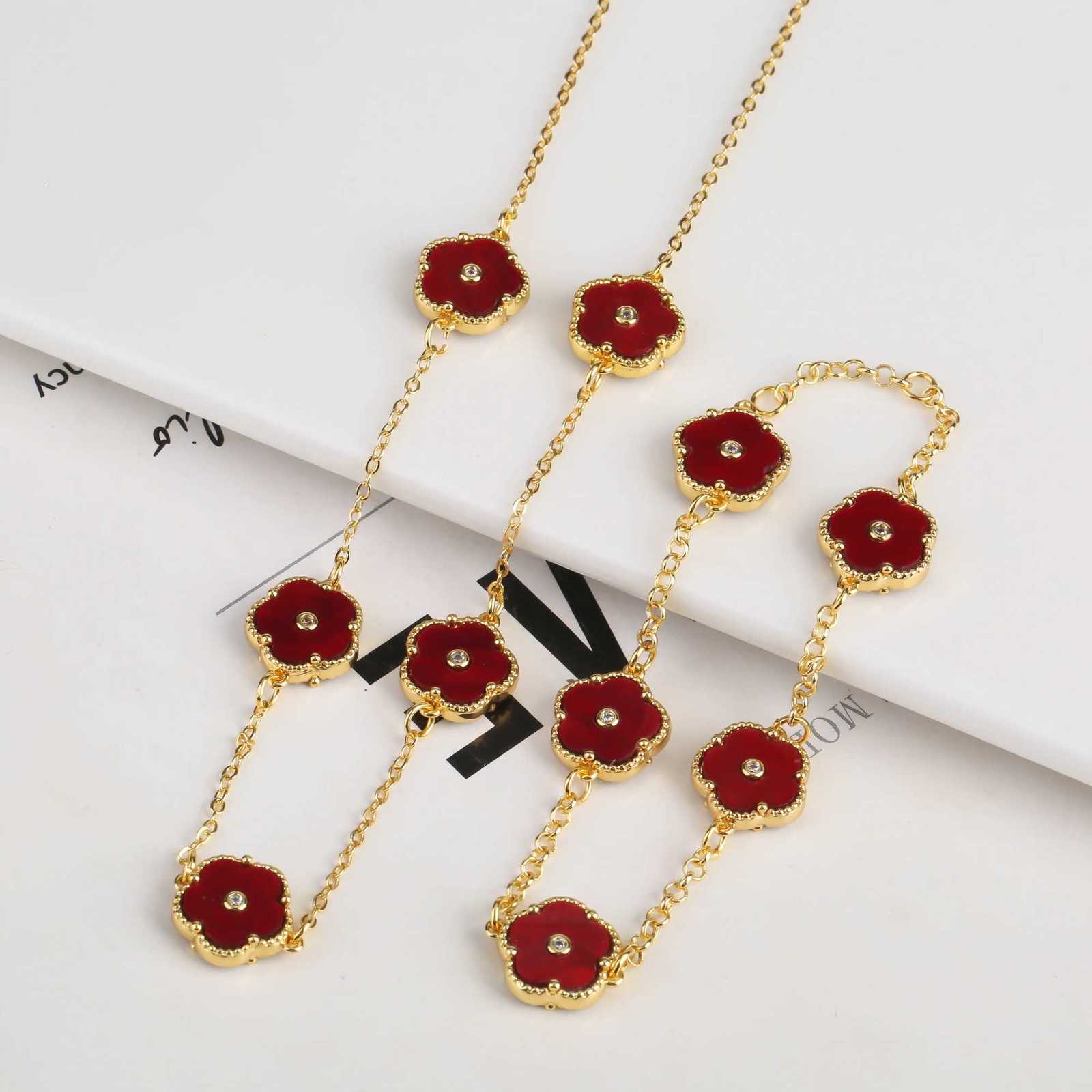 2PC Plant Plum Bloss Zircon Five Petal Flower Necklace Bracelet Jewelry Set Luxury Beimu Wens Temperament GiftW251014