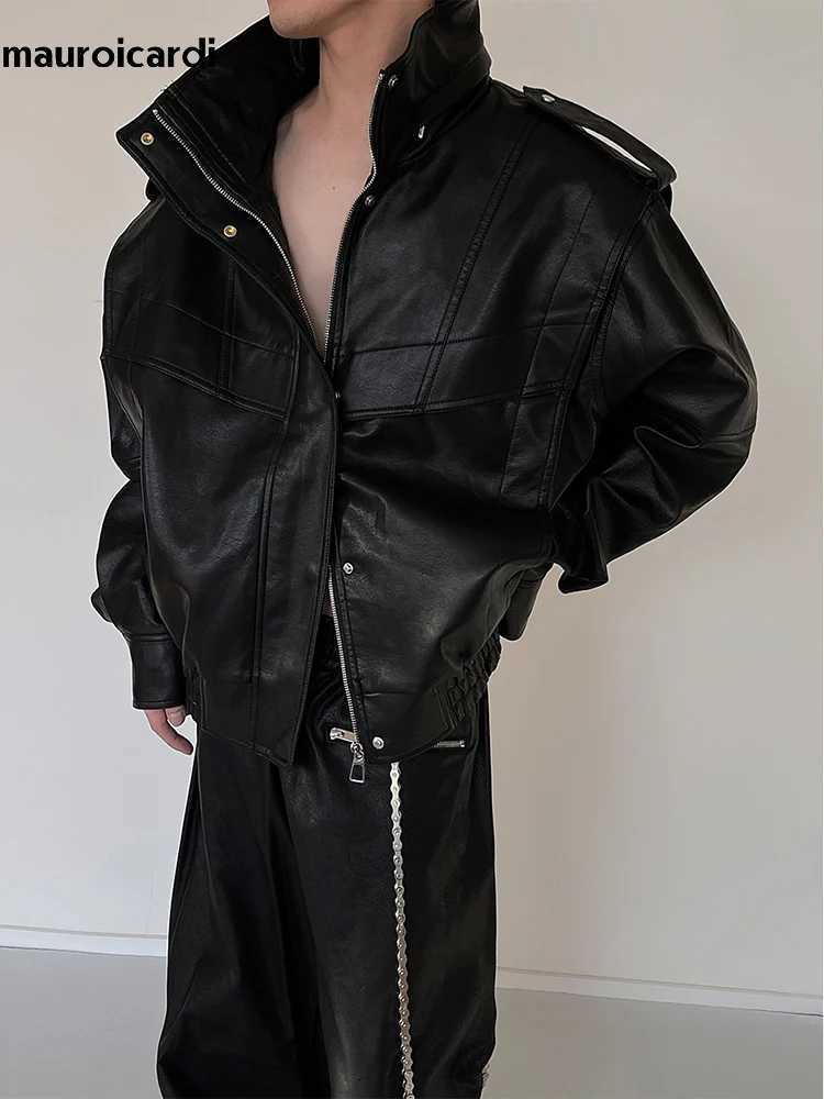 Mauroicardi Autumn Winter Oversized Cool Waterproof Windproof Black Pu Leather Jacket Men Zip Up Luxury Designer Clothes 2023 J251014