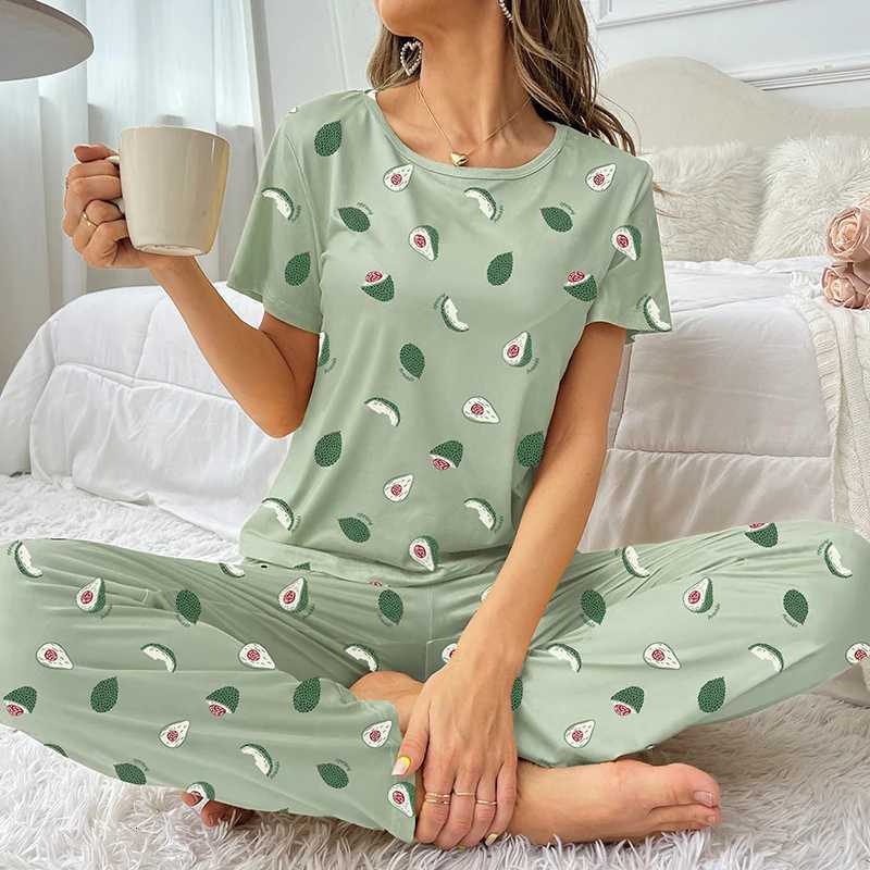 Avocado Print Womens Satin Pajama Set ShortSleeve Tee And Long Pants Fresh Style Cute Sleepwear Loungewear Autumn Comfy PjsT251014