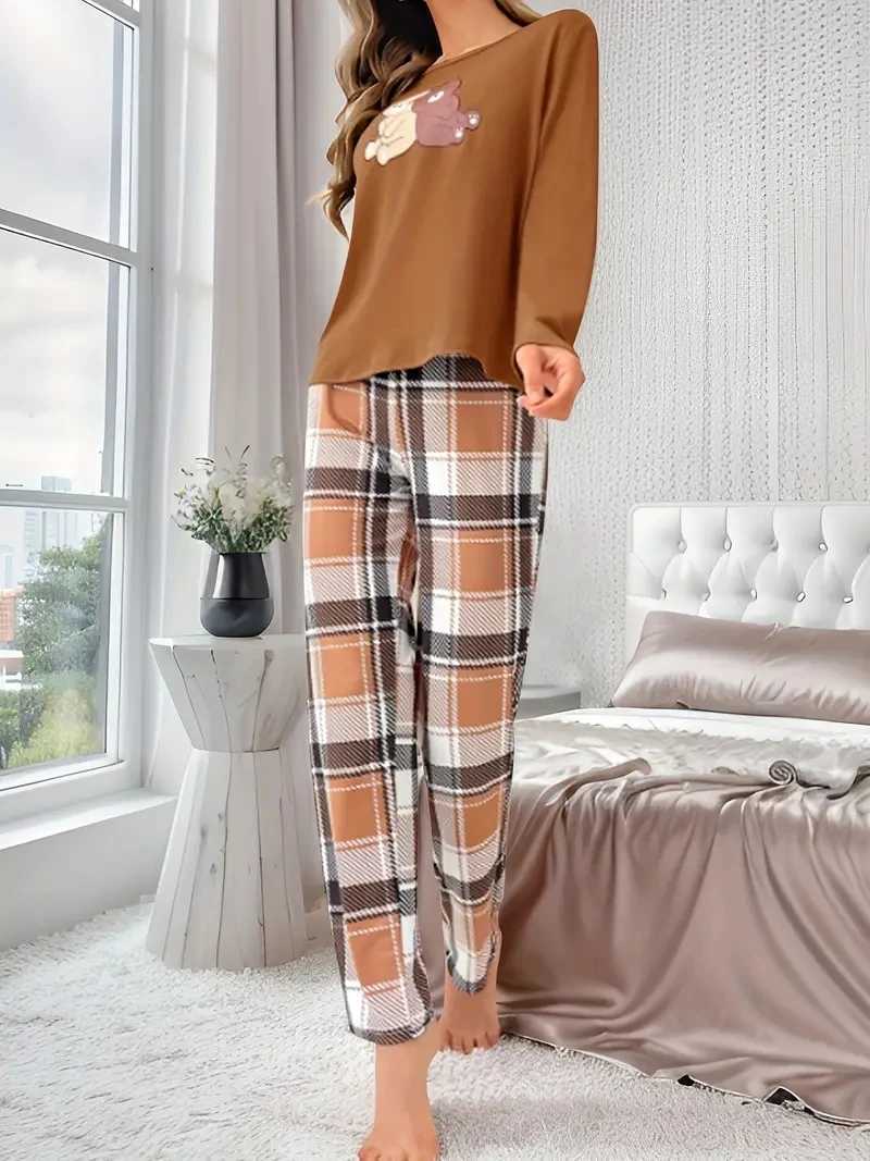Women Pajamas Set Bear Print Top Long Sleeve Round Neck Plaid Pants Autumn Winter Loungewear Set Casual Soft Sleepwear SetT251014