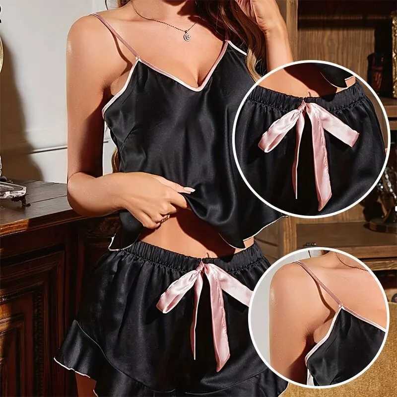 Summer TwoPiece Pajama Set for Womens Casual Sexy Sleeveless Suspender Top and Ruffled Shorts Pajama SetT251014