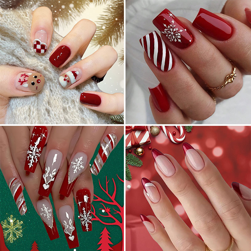 Christmas Tree Press-On Nails Snowman Painted Patterns with Bows Pine Cones, Snowflake Reindeer, Luxury Red Plaid French Nails with Multiple Diamonds 