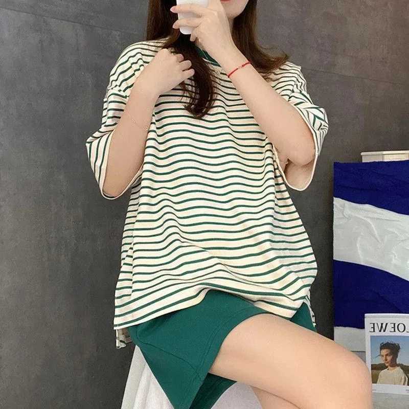 Large Size with Cushion Pajamas Women Summer Loose Striped School Leisure Homewear TwoPiece Set Green Korean Fashion SleepwearT251014