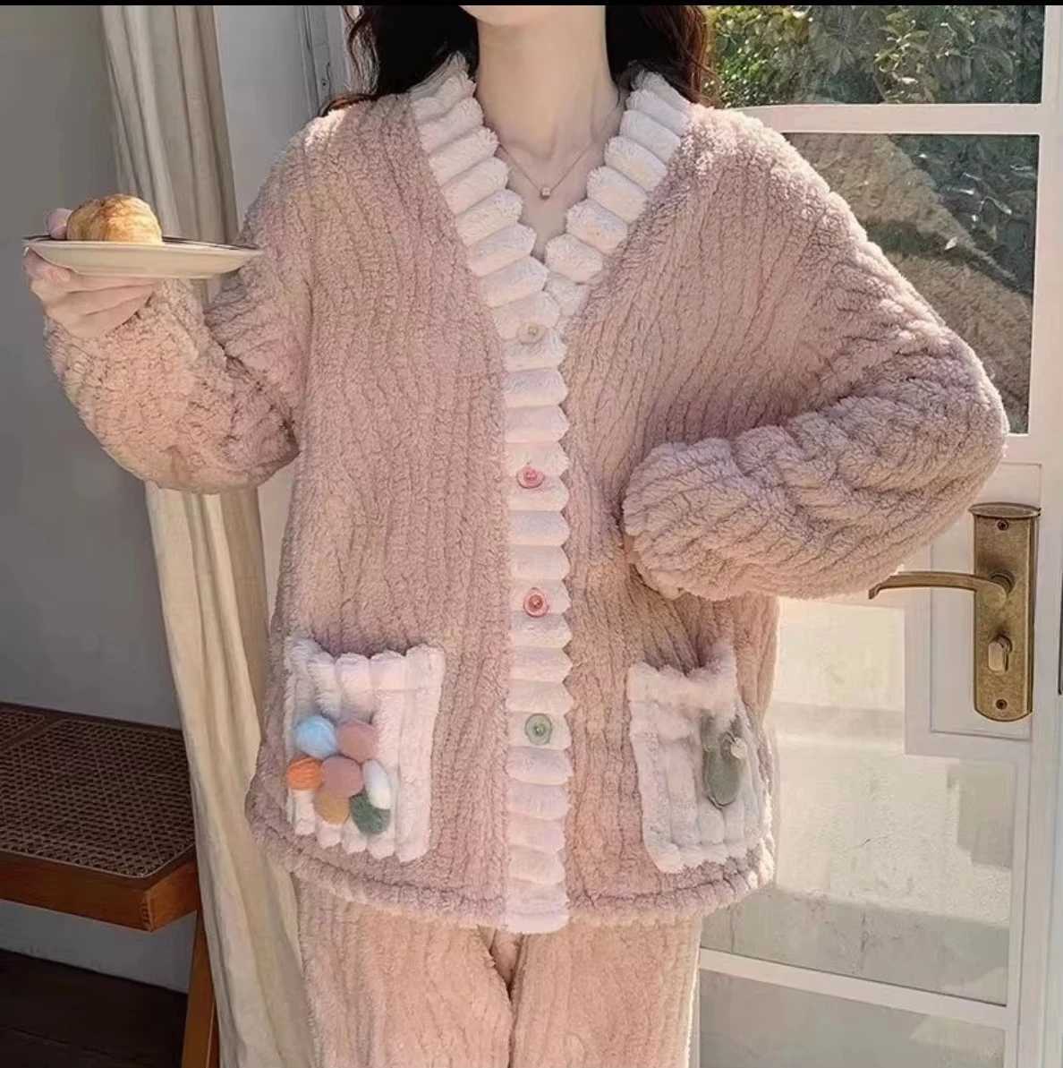 Thickened Warm Flannel Women Sleepwear Loungewear Cardigan Suit Winter Sweet Kawaii Soft Fairy Wind Ladies Pajamas HomewearT251014