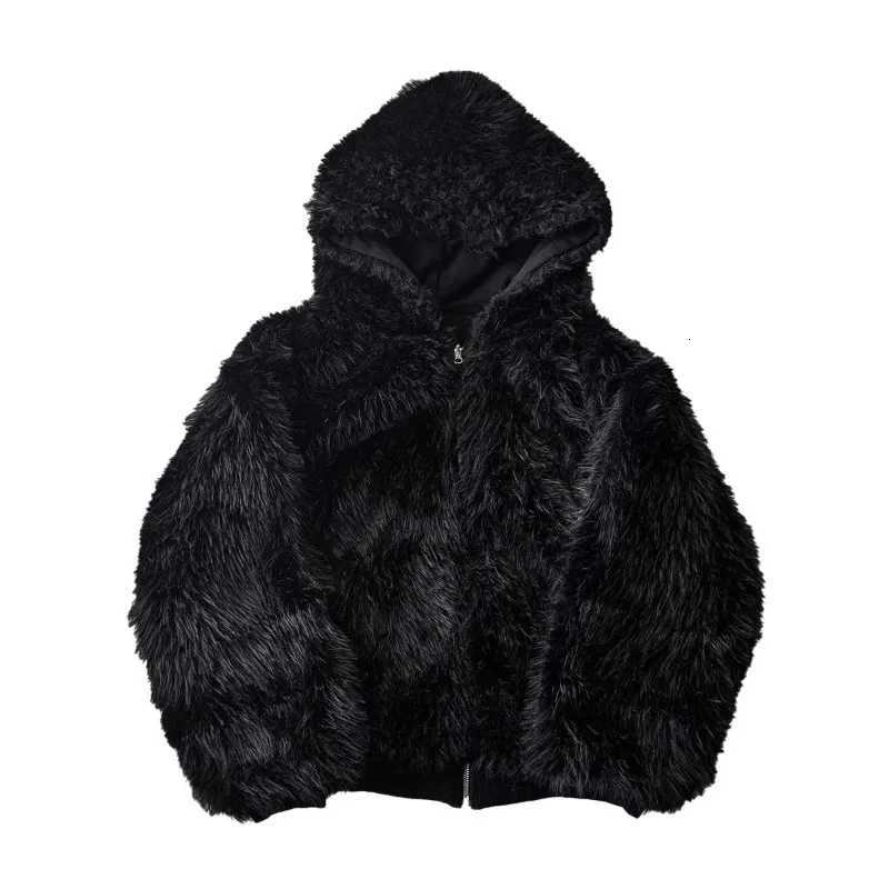 Autumn and Winter Oversized Thickened Warm Black Reversible Faux Fur Parka Coat Men with Hood Zipper Fluffy Jacket Hooded Coat W251014