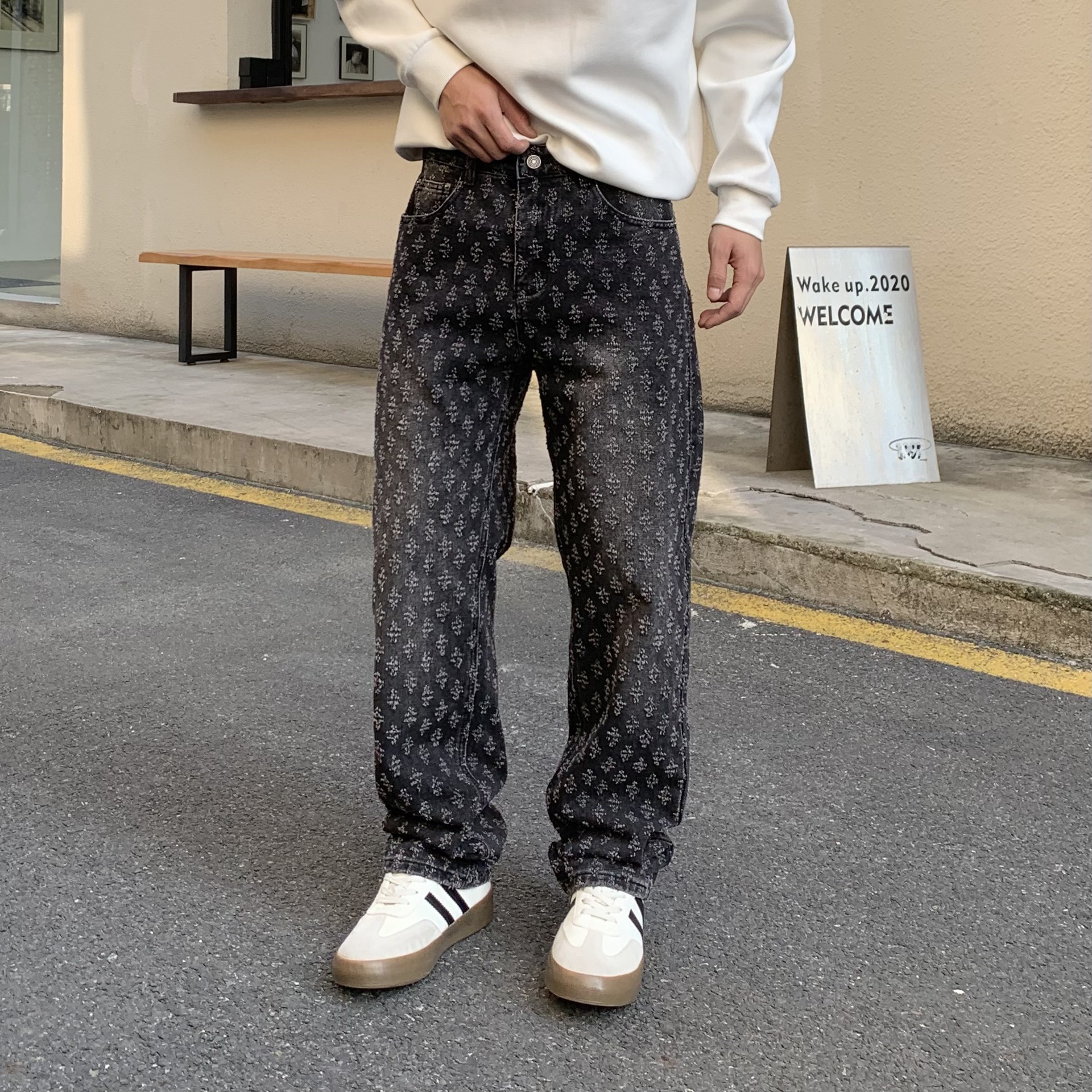 Men's Jeans Harajuku Distressed Vintage Washed Blue Baggy Jeans Pants Mens Straight Ripped Casual Loose Cargos Oversized Denim Trousers