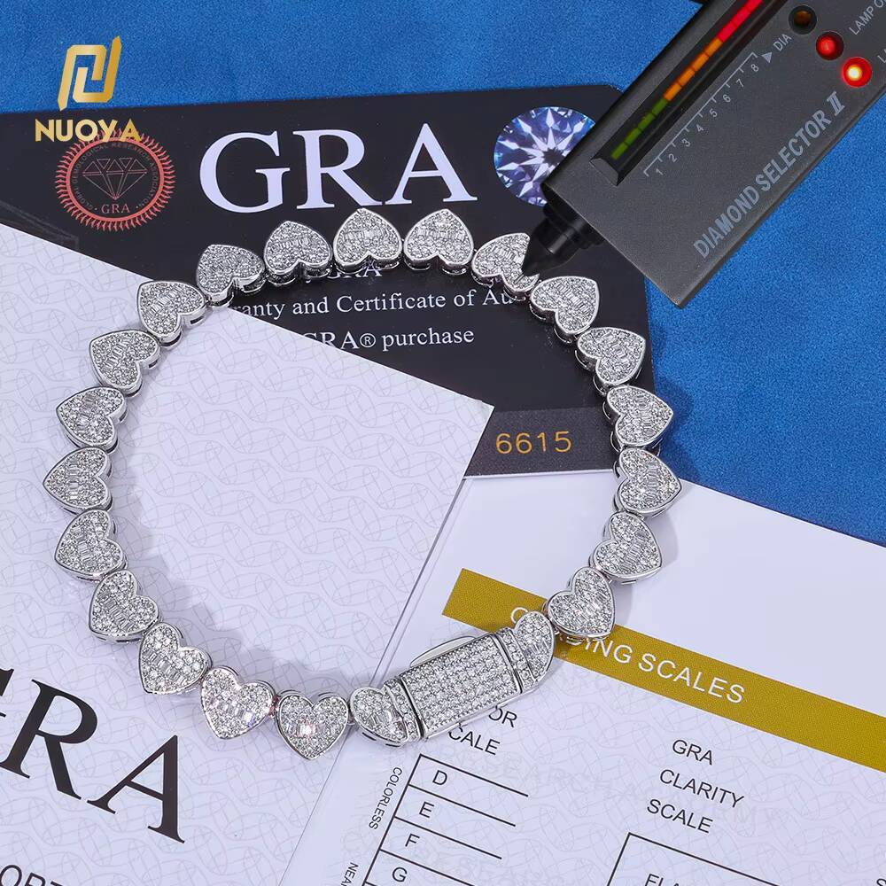 NUOYA Womens 8mm Tennis Chain 925 Silver Iced Out VVS Moissanite Mixed Inlay Baguette Heart Bracelet Hip Hop Fine Jewelry