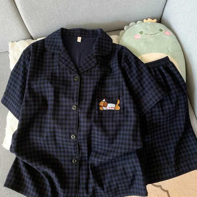 Embroidery Dog Sleepwear Fashion Cute Pajamas Set for Women Plaid Lapel Elastic Waist Design Pajamas Short Casual NightwearT251014