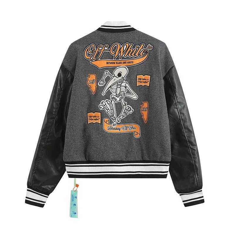 2023 Autumnwinter New Ow Skull Embroidery Woolen Jacket Cloth Patchwork Leather Sleeve Heavy Duty Embroidery Casual Style Fit J251103