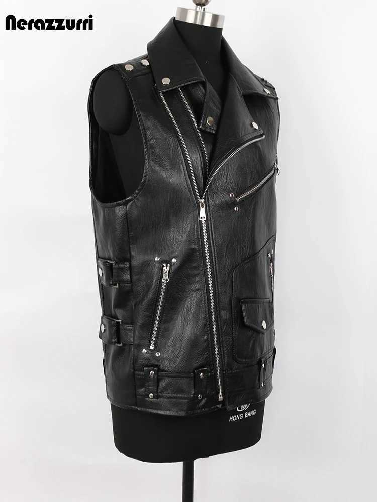 Mauroicardi Autumn Black Motorcycle Pu Leather Vest Men Zipper Pockets Plus Size Faux Leather Biker Sleeveless Jacket 4xl 5xl J251014