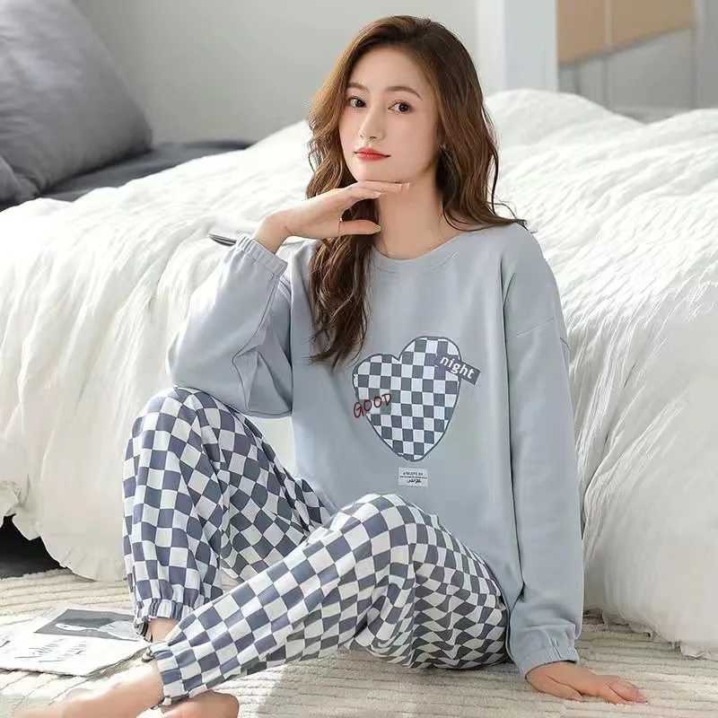 Pajamas Women Long Sleeve Long Pants Set Loose Plaid Student Pajamas Can Be Worn out Household Clothing Plaid Long Pants Blue TwT251014