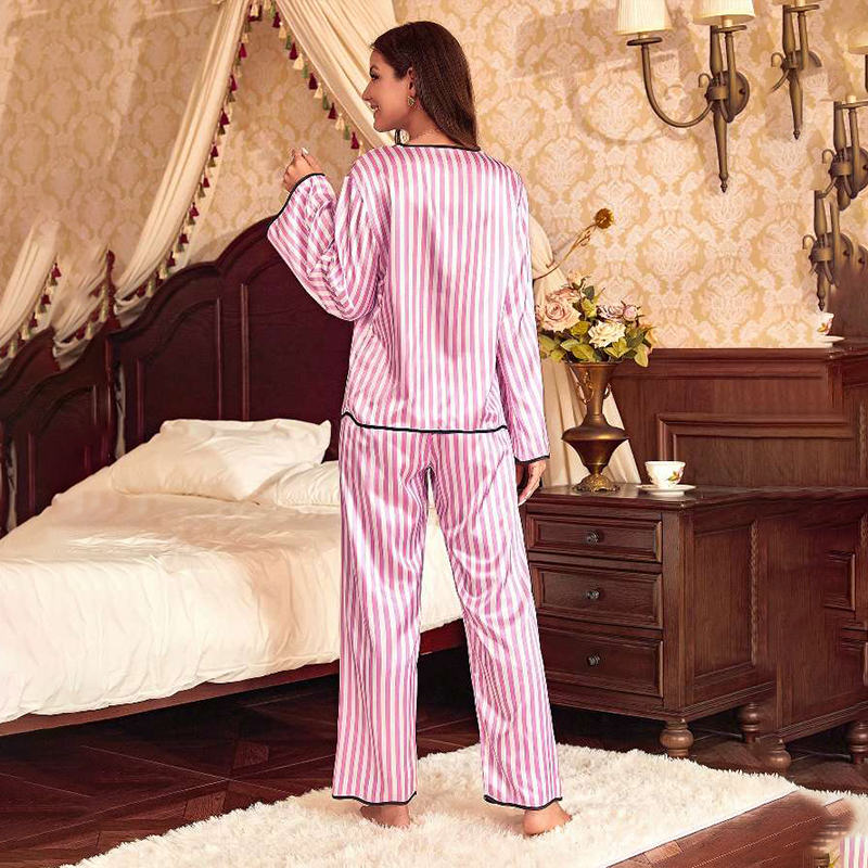 Spring/Fall Women's Silk Satin Striped Long-Sleeve Pajama Set with Pants for Homewear