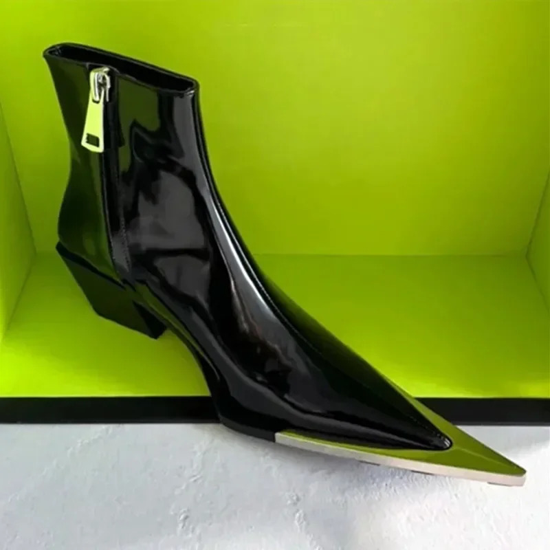 Pointed Toe Chelsea Boot 2025 Fall y Heel Metal Decoration High Heels Side Zip Black Ankle Boots 251014