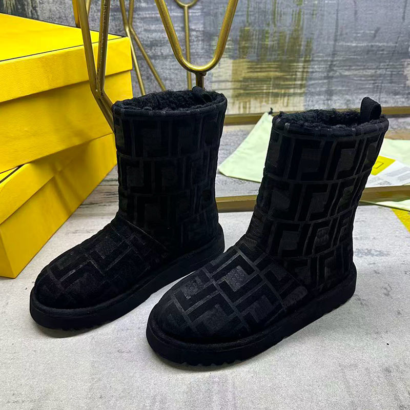 Brown FF chamois low boots 8T8606 Ladies Low Apres Ski Boots Designer FF pattern nude Boot Women Round Toe High Top boot wool lining Sizes 35-42 With Boxs