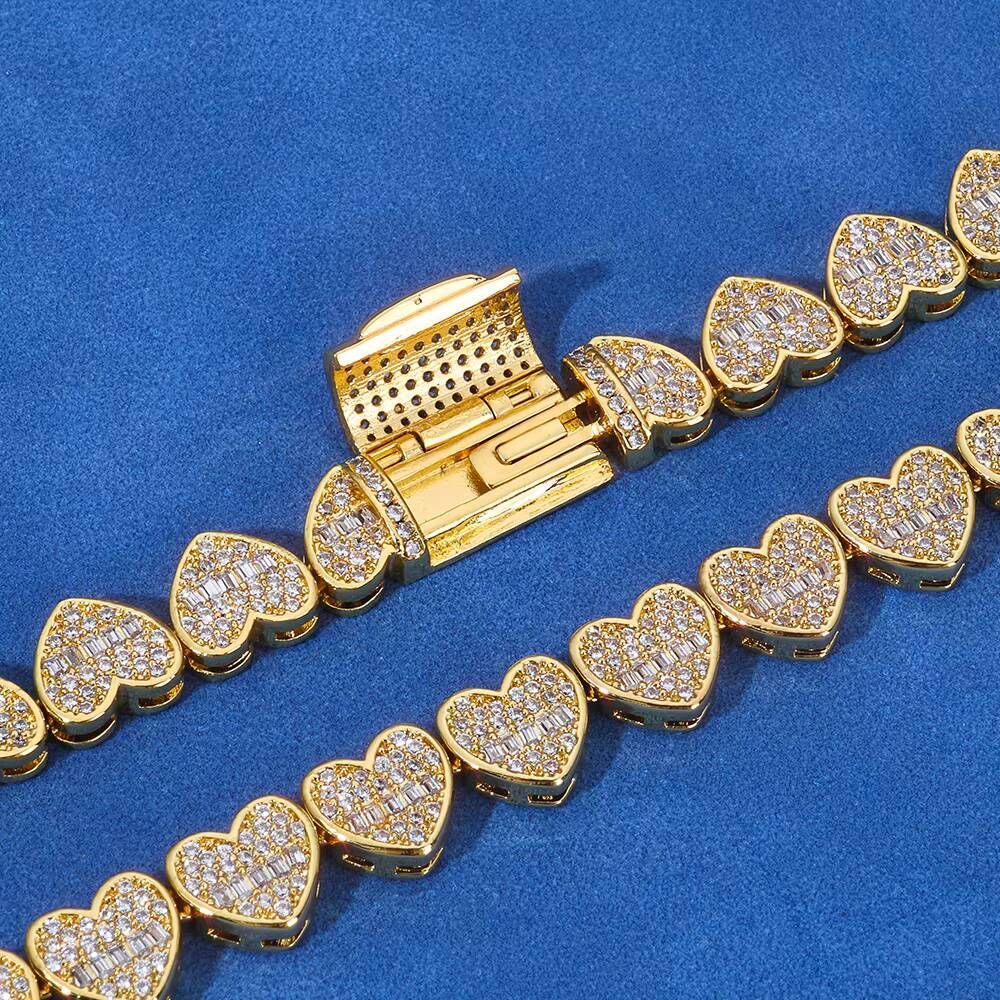 NUOYA 8mm Mixed Inlay Iced Out Baguette Heart Tennis Chain 925 Silver VVS Moissanite Necklace Hip Hop Womens Fine Jewelry