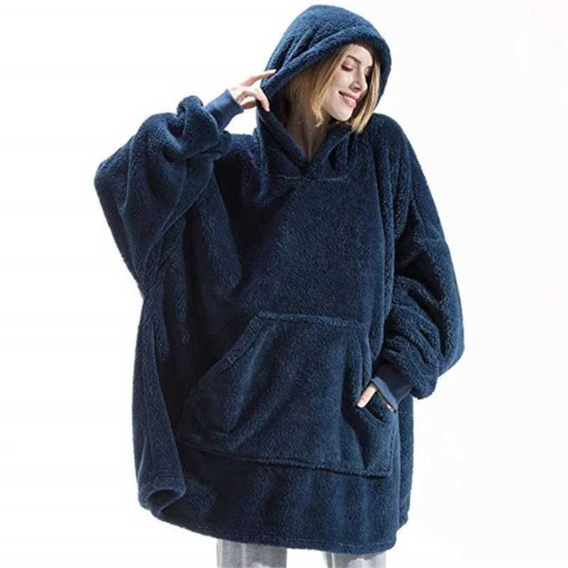 2024 Winter Women Doublefaced Fleece Hoodie Blanket Oversize Large Pocket Warm Couple Loose Sweatshirts Women And Men Robe Y251013