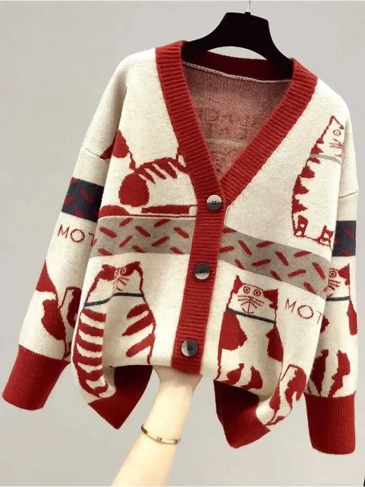2023 Spring and Autumn New Cartoon Contrast Color Fashion Sweater Womens Vne Knitted Cardigan Coat Trend W251014