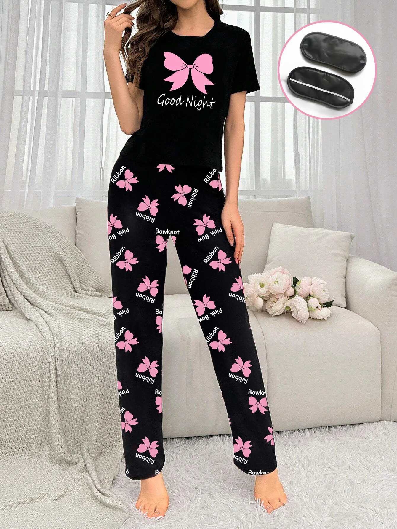 Womens new style bow print shortsleeved trousers twopiece casual comfort home wear eye mask pajamas setT251014