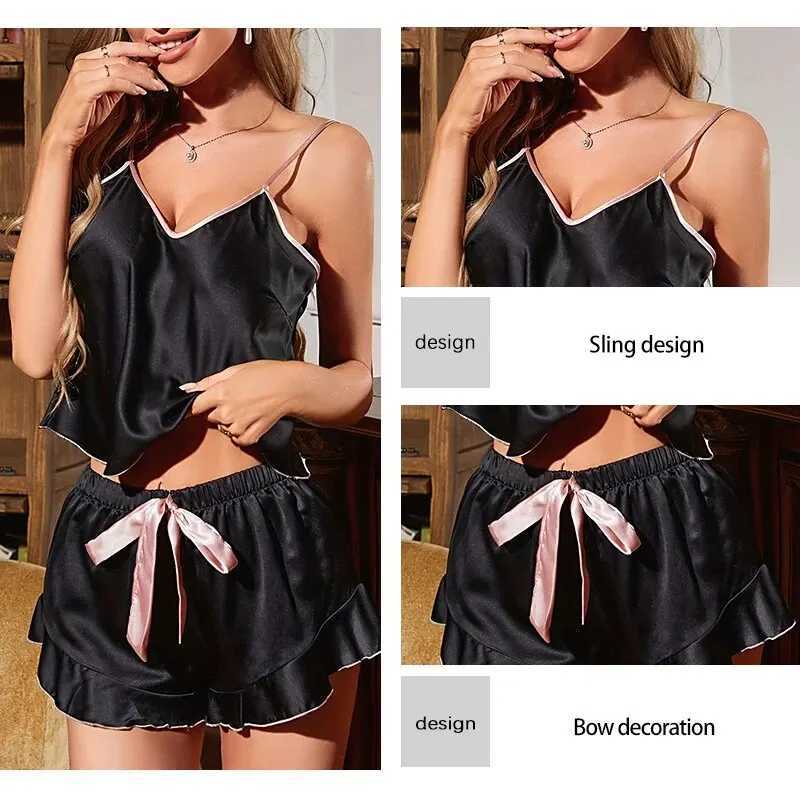 Summer TwoPiece Pajama Set for Womens Casual Sexy Sleeveless Suspender Top and Ruffled Shorts Pajama SetT251014
