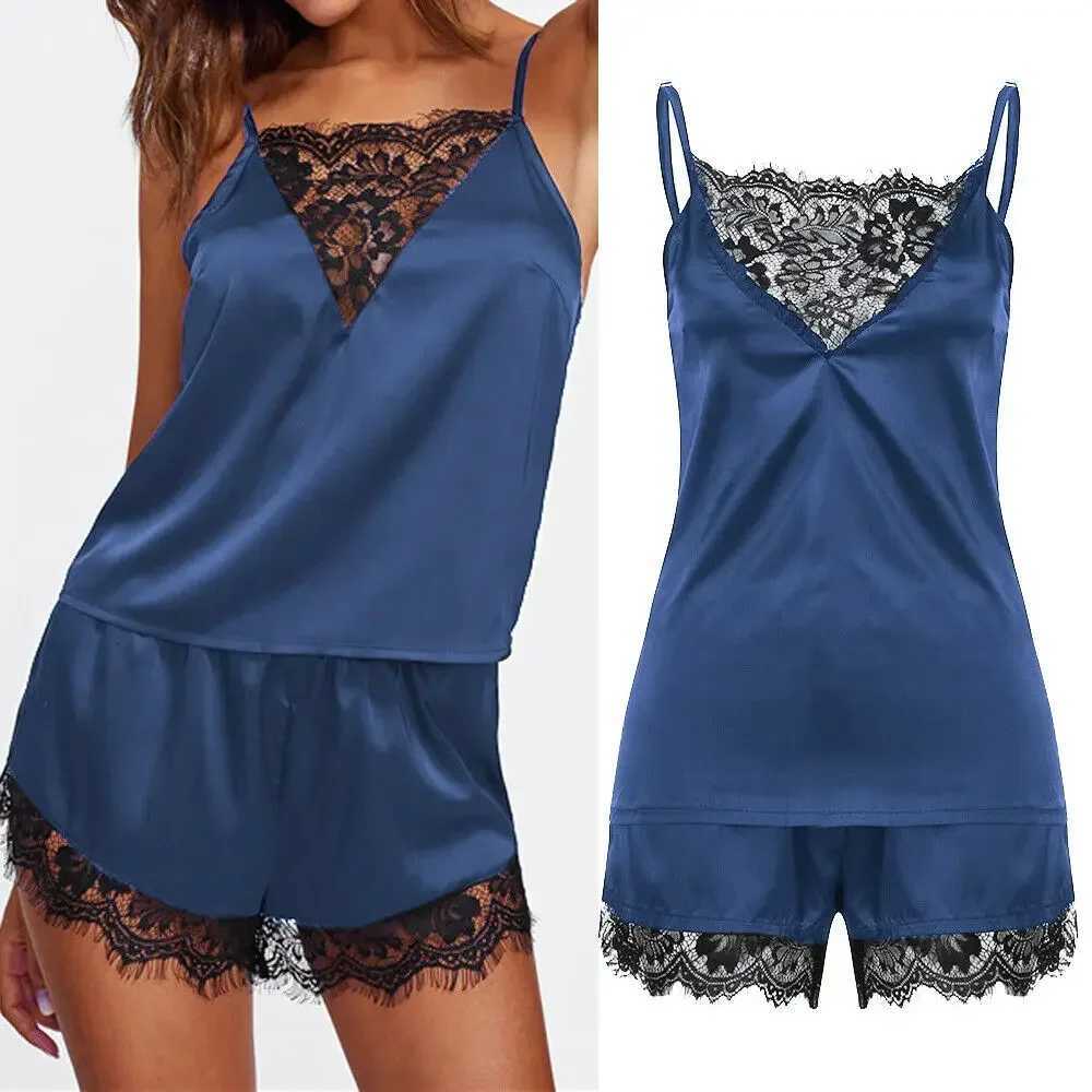 Women Ice Silk Pajamas Sleepwear Pajama Set Nightgowns Nightdress Camisole Shorts Black Red L XL Lace Casual Sexy Smooth T251014